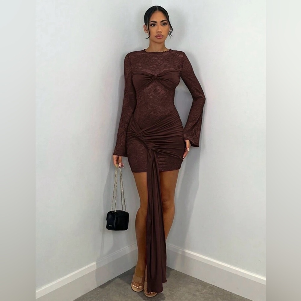 Shein Brown Lace Tie Mini Dress